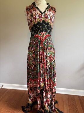 Bila Multicolor Boho Maxi Dress with Black Smocked Waist